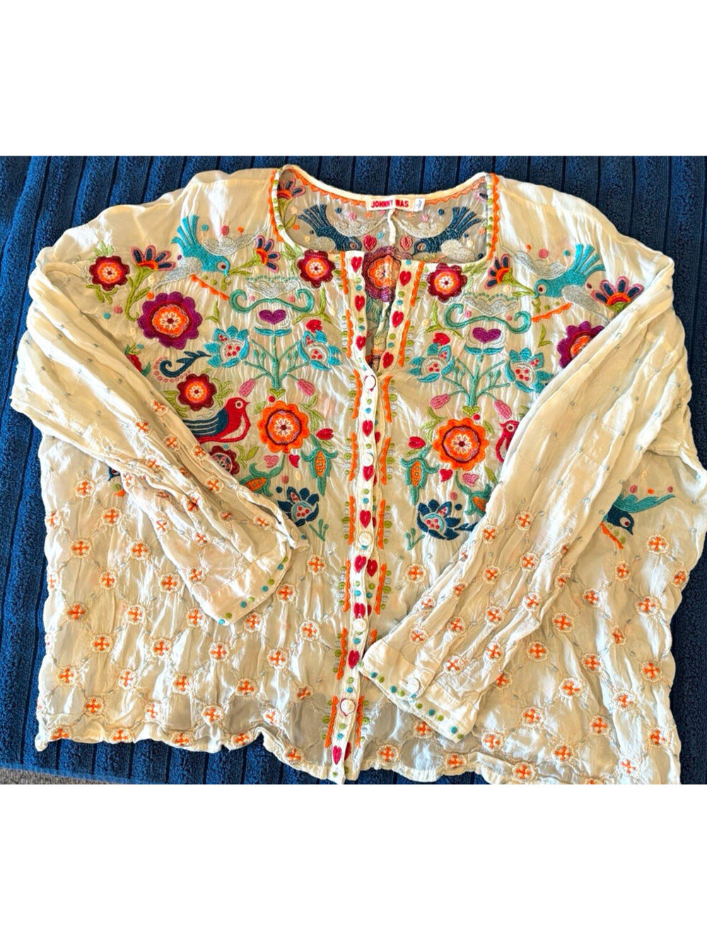 Johnny Was Women's Large Embroidered Bird Floral Cupra Rayon Blouse Button Up